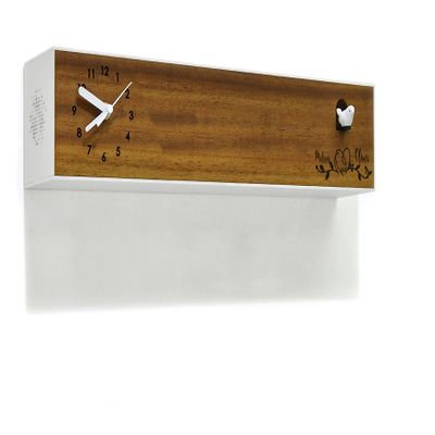 Modern Cuckoo Bird Clock, Solid Wood Iroko, Wooden Wall/Table Clock, Minimalist Wall Art, Contemporary Deco, City One-Story Big (Heart and Leaves)