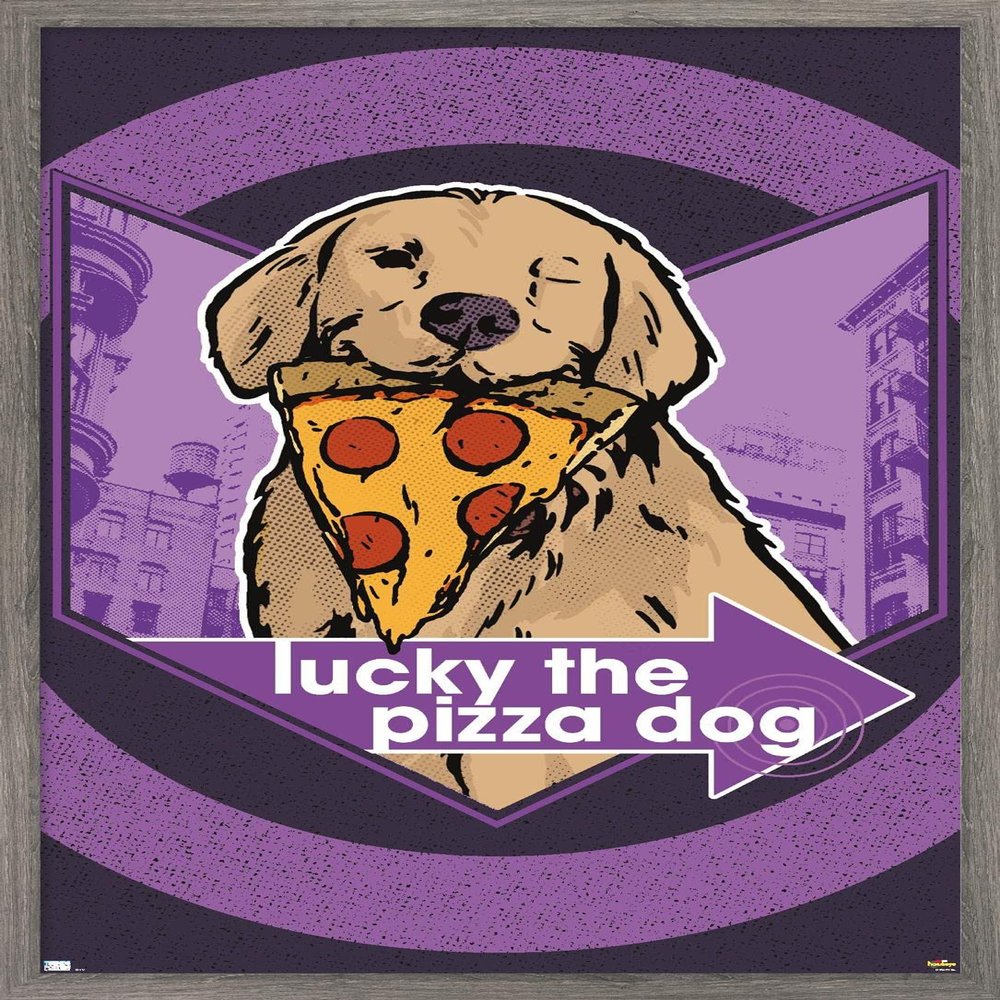 Trends International Marvel Hawkeye - Lucky (Pizza Dog) Graphic Wall Poster, 22.375" x 34", Barnwood Framed Version