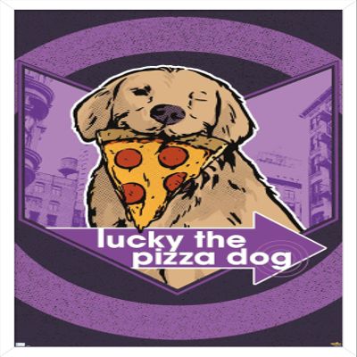 Trends International Marvel Hawkeye - Lucky (Pizza Dog) Graphic Wall Poster, 22.375" x 34", White Framed Version