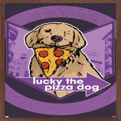 Trends International Marvel Hawkeye - Lucky (Pizza Dog) Graphic Wall Poster, 22.375" x 34", Mahogany Framed Version