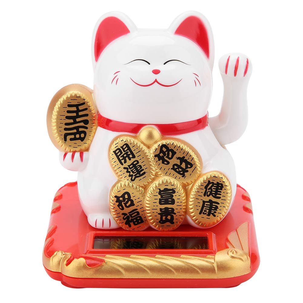 Fdit Lucky Cat, Solar Powered Welcoming Fortune Cat Adorable Waving Beckoning Lucky Cat Home Car Ornament(White)