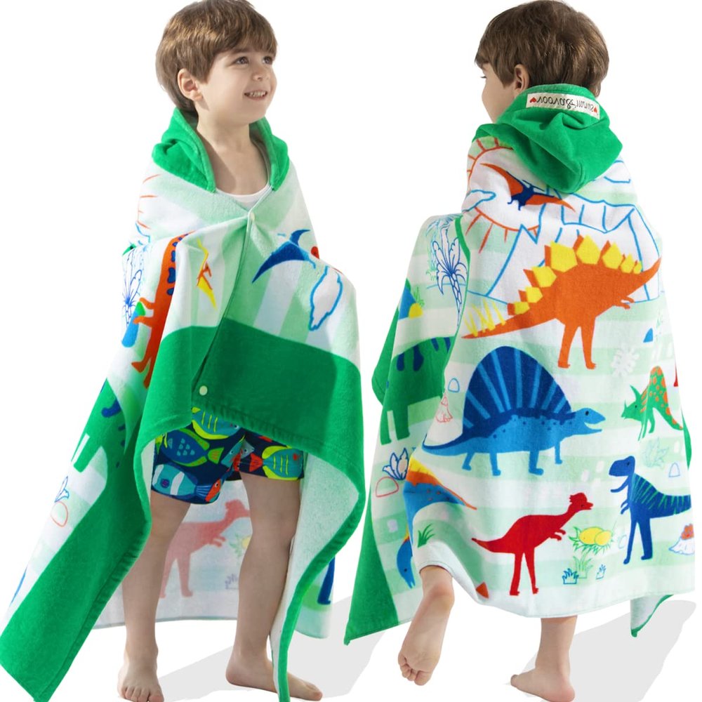VOOVA & MOVAS Large Kids Hooded Towels | Soft Cotton (30X50 inches) Beach, Bath, Pool Towel with Hood | Summer Beach Stuff for Boys&GirlsAges 3-10 for Toddler,Jungle Dinosaur | Dino