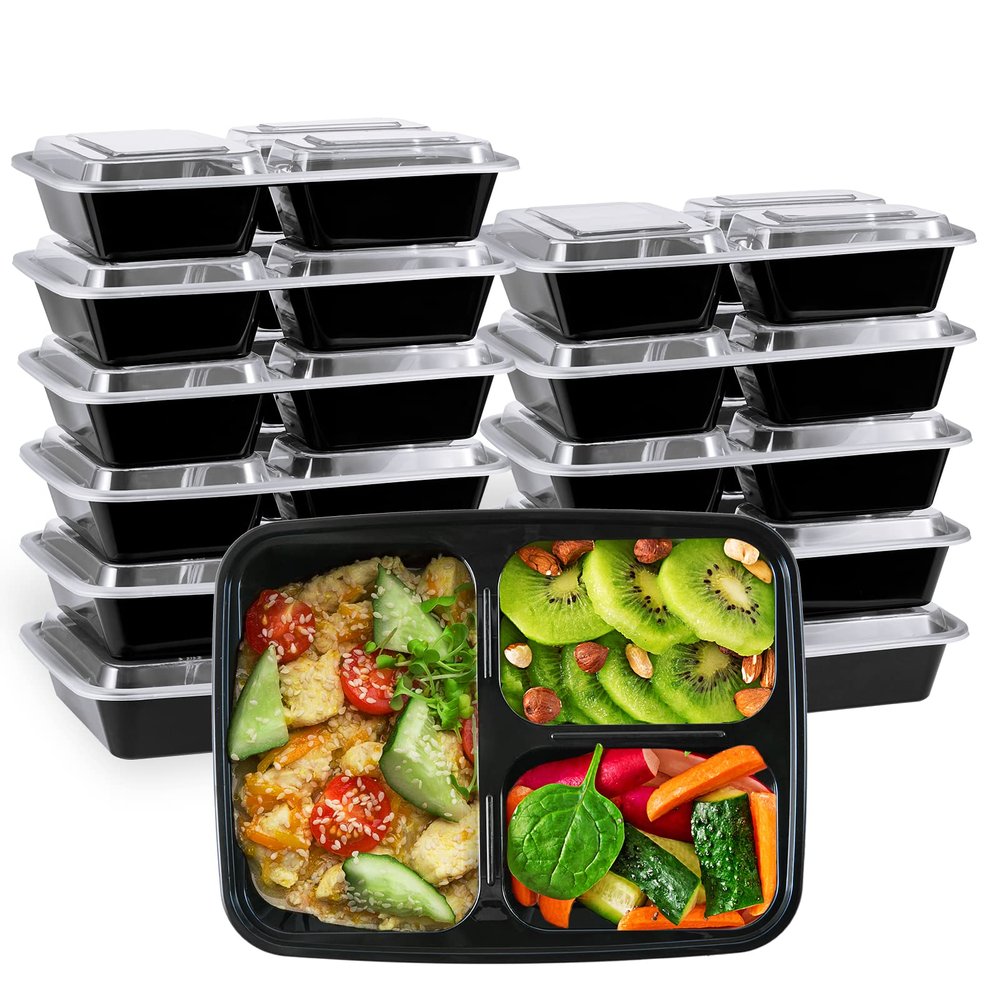 MUCHII 32 oz 3 Compartment Meal Prep Containers With Lids 20 Count To Go, Plastic Disposable Food Containers Microwave and Freezer Safe
