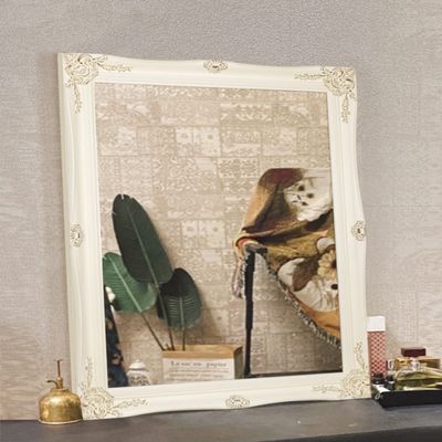 H-A Rustic Wall Mirror for Bathroom, White Vanity Mirrors for Wall Decor, Antique Ornate Mirror for Living Room, Bedroom, Hallway 32''x24''