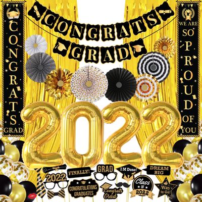 Huge Graduation Party Decorations 2022 - Pack of 63 | We Are So Proud Of You Banner with Graduation Photo Booth Props 2022 | Gold Foil Fringe and Paper Fans, Black and Gold Graduation Decorations 2022