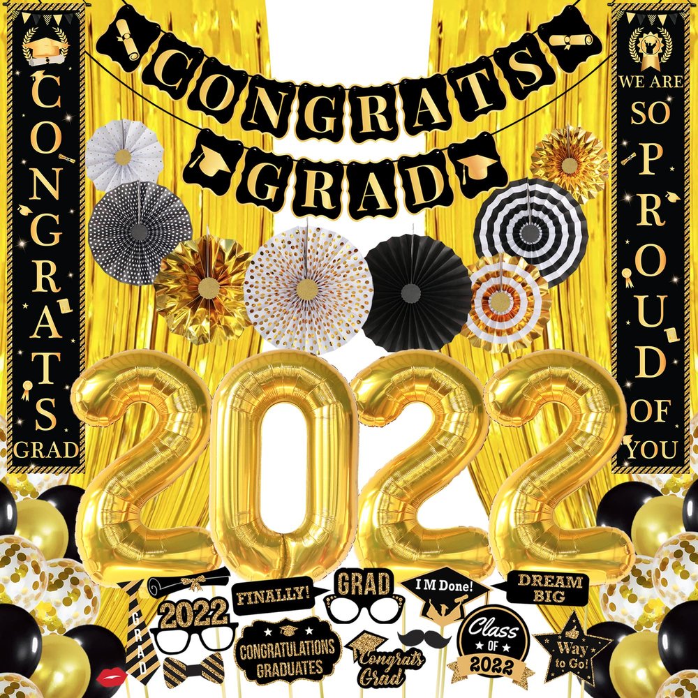 Huge Graduation Party Decorations 2022 - Pack of 63 | We Are So Proud Of You Banner with Graduation Photo Booth Props 2022 | Gold Foil Fringe and Paper Fans, Black and Gold Graduation Decorations 2022