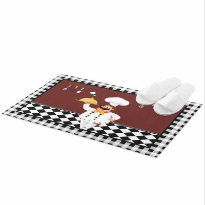 Bathroom Rug, Cartoon Chef with Gourmet in Kitchen Black And White Checkered Brown Bath Mat Non-Slip Water Absorbent Microfiber Soft Plush Shaggy Bath Rugs for Shower, Bedroom, Bathtubs 18" x 30"