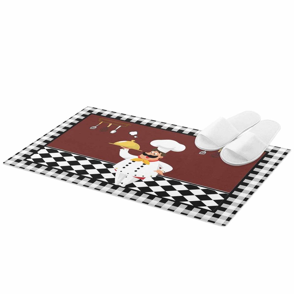 Bathroom Rug, Cartoon Chef with Gourmet in Kitchen Black And White Checkered Brown Bath Mat Non-Slip Water Absorbent Microfiber Soft Plush Shaggy Bath Rugs for Shower, Bedroom, Bathtubs 18" x 30"