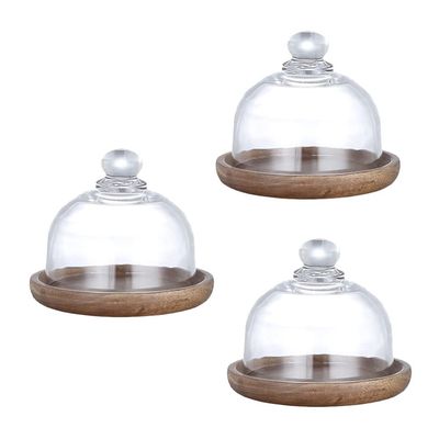 3 Sets Cake Display Stand with Dome Cover Glass Cake Plate with Dome Wooden Bread Display Boxes Clear Cheese Cloche Dome Dessert Tray Cupcake Holder