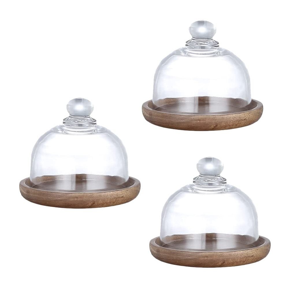 3 Sets Cake Display Stand with Dome Cover Glass Cake Plate with Dome Wooden Bread Display Boxes Clear Cheese Cloche Dome Dessert Tray Cupcake Holder