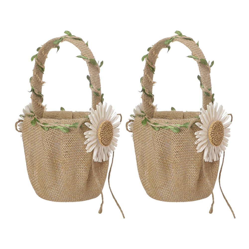BEIJIALY 2PCS Rustic Wedding Flower Girl Basket,Delicate Ring Basket,Burlap Flower Basket with Handle and Daisy for Anniversary Celebrations Party Decoration