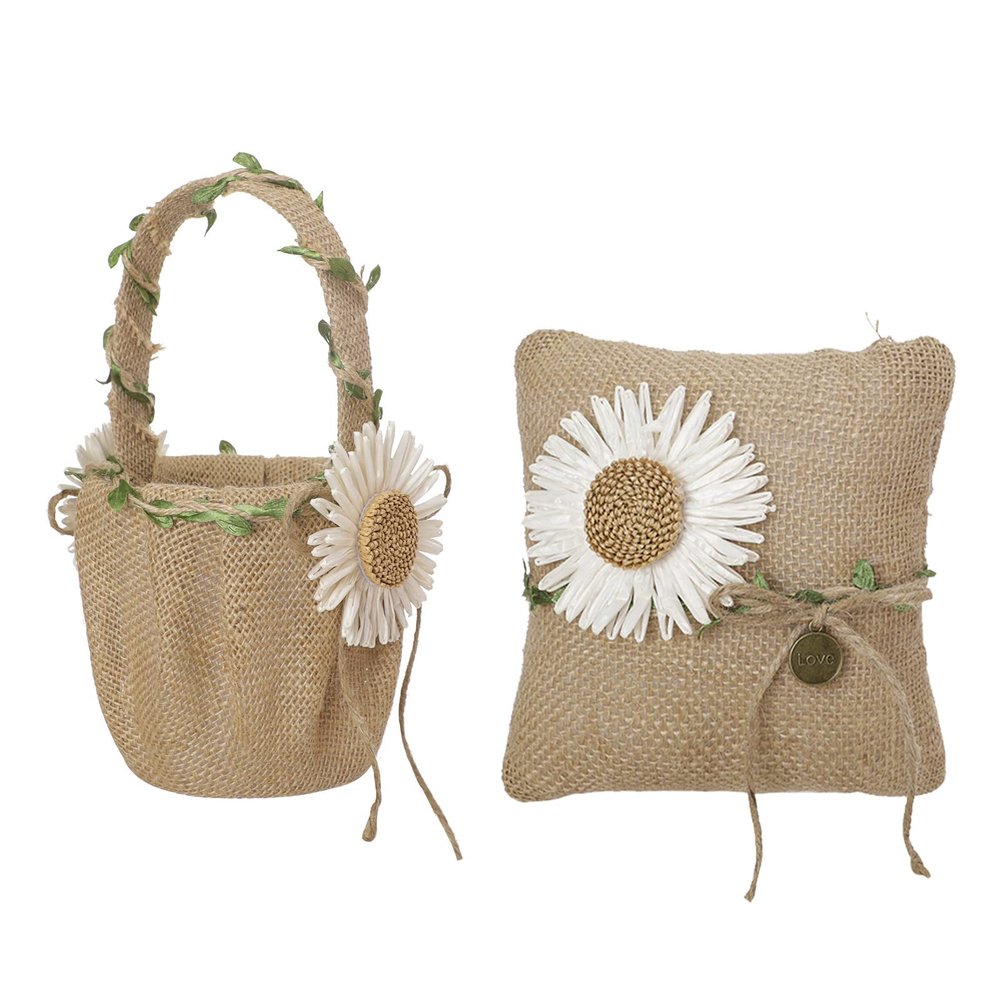 BEIJIALY Burlap Ring Bearer Pillow and Basket Set,Burlap Lace Pillow for Wedding Ceremony Lace Bow Gift Ring Decoration Pillow Cushion