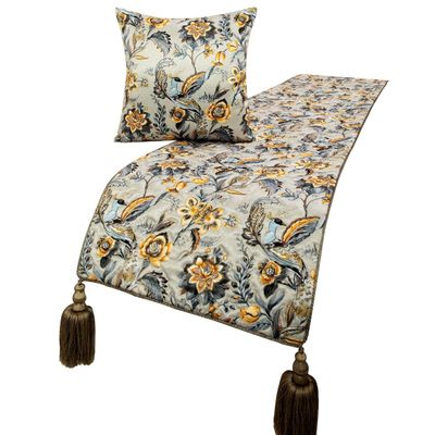 The HomeCentric King/Queen/Twin Grey & Yellow Decorative Full 68"x18" Bed Runner with Pillow Cover, Peacock, Quilted & Tassels Bed Scarf on Satin Fabric - Peacock Swag