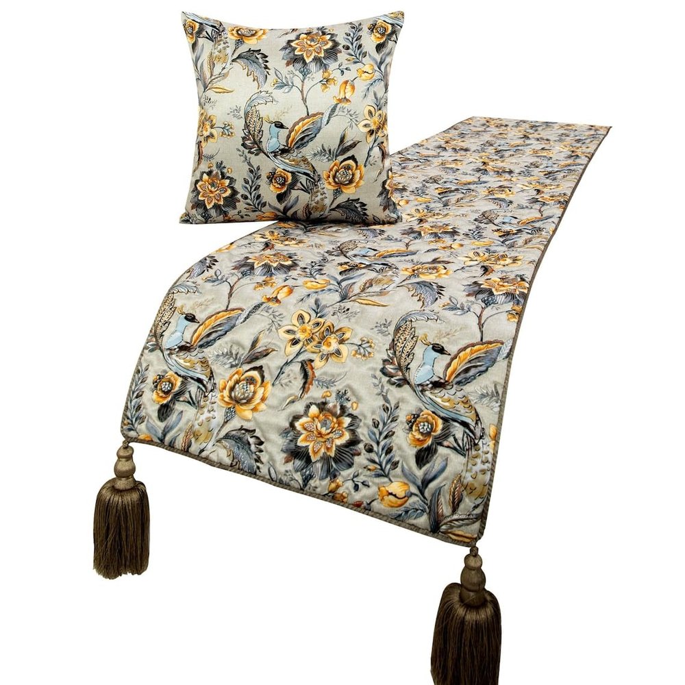 The HomeCentric King/Queen/Twin Grey & Yellow Decorative Full 68"x18" Bed Runner with Pillow Cover, Peacock, Quilted & Tassels Bed Scarf on Satin Fabric - Peacock Swag
