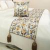 The HomeCentric King/Queen/Twin Grey & Yellow Decorative Full 68"x18" Bed Runner with Pillow Cover, Peacock, Quilted & Tassels Bed Scarf on Satin Fabric - Peacock Swag view 4