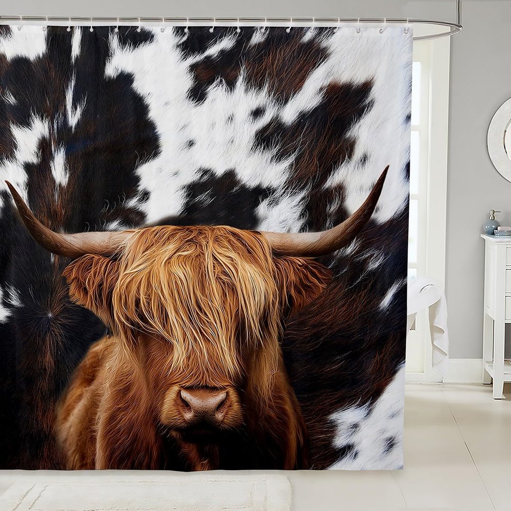 Highland Cattle Shower Curtains,Cow Fur Bathroom Curtains for Kids Teens Adult,Farmhouse Animals Cowhide Waterproof Bath Curtains,with 12 Hooks Suits for Bathtub, 72" W x 78" L,Black White Brown