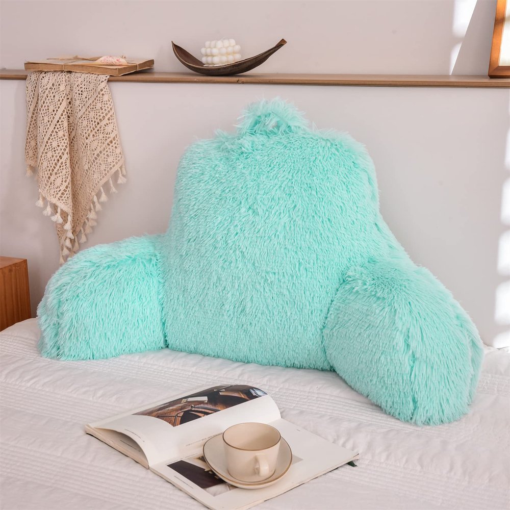 A Nice Night Faux Fur Reading Pillow Bed Wedge Large Adult Children Backrest with Arms Back Support for Sitting Up in Bed/Couch for Bedrest,Aqua