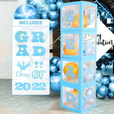 Grad Boxes with Letters 2022 Blue - Pack of 4 | Grad Balloon Boxes 2022 for Graduation Party Decorations 2022 | Blue Grad Boxes for Balloons for Class of 2022 Decorations | Blue Graduation Boxes 2022