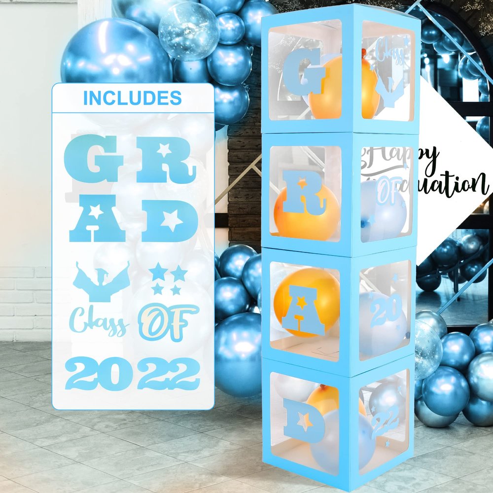 Grad Boxes with Letters 2022 Blue - Pack of 4 | Grad Balloon Boxes 2022 for Graduation Party Decorations 2022 | Blue Grad Boxes for Balloons for Class of 2022 Decorations | Blue Graduation Boxes 2022