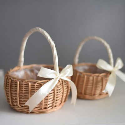 Firlar 2PCS Wicker Rattan Flower Basket, Willow Handwoven Basket with White Bowknot, Wedding Flower Girl Basket with Handle and Plastic Insert Woven Storage Container Basket for Home Garden Decor(S+L)
