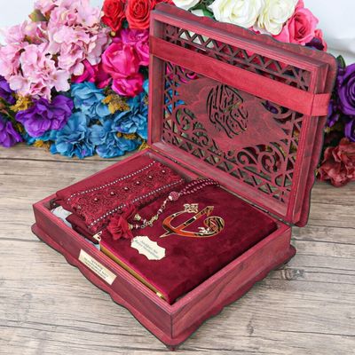 VOGUEHOMEDECOR Quran Lux Shawl Misbaha Prayer Rug in Quran Stand Wooden Box | Luxury Islamic Gift Box For Women | Islamic Gift For Her, Mom, Girlfriend | Eid Ramadan Gift (Claret Red)