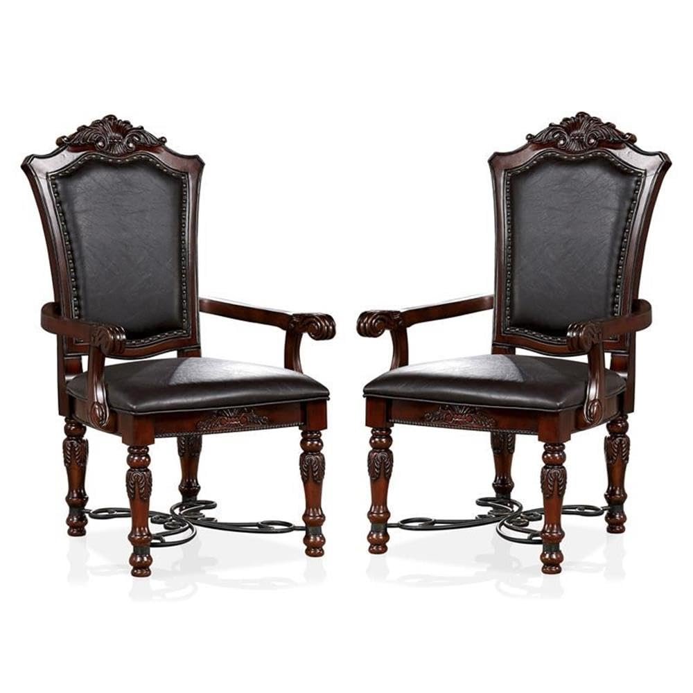 Furniture of America Exa Traditional Wood Padded Armchair in Cherry (Set of 2)