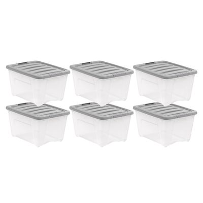 Amazon Basics Plastic Storage Containers with Secure Latching Lids, Stackable Organization Bins, Clear/Grey, 32 Quart, Set of 6