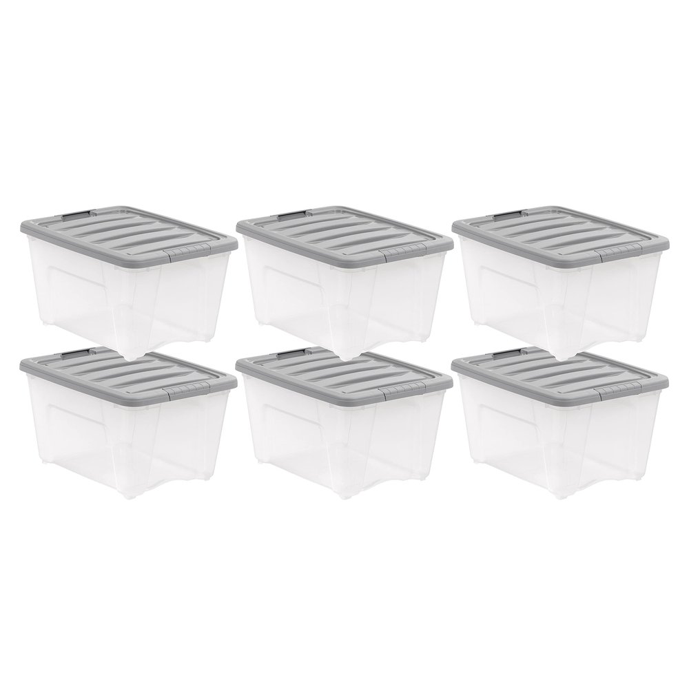 Amazon Basics Plastic Storage Containers with Secure Latching Lids, Stackable Organization Bins, Clear/Grey, 32 Quart, Set of 6