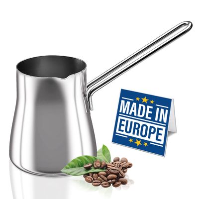 Crystalia Turkish Coffee Pot 18/10 Stainless Steel, Stove Top Tea Maker, Milk Warmer, Greek Arabic Coffee Cezve Briki, 15 oz (Silver, Small)