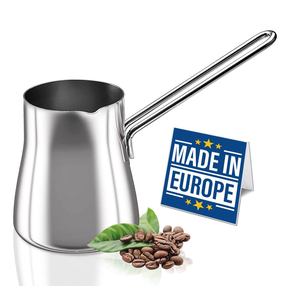 Crystalia Turkish Coffee Pot 18/10 Stainless Steel, Stove Top Tea Maker, Milk Warmer, Greek Arabic Coffee Cezve Briki, 15 oz (Silver, Small)
