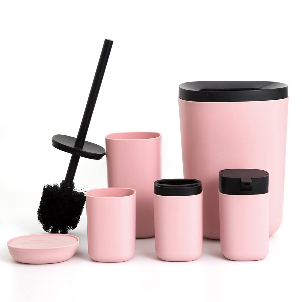 Bathroom Accessories Set of 6 Complete, Toothbrush Holder, Soap Dispenser, Garbage Trash Can, Soap Dish, Toothbrush Cup and Toilet Brush Holder, Pink
