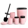 Bathroom Accessories Set of 6 Complete, Toothbrush Holder, Soap Dispenser, Garbage Trash Can, Soap Dish, Toothbrush Cup and Toilet Brush Holder, Pink view 1