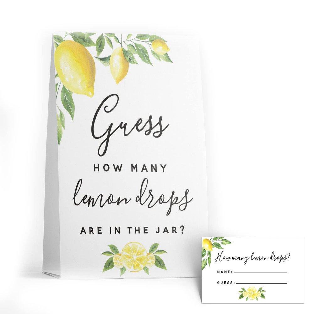 Your Main Event Prints Guess How Many Lemon Drops Game - Perfect for Baby Showers, Weddings, Bridal Showers, Birthdays, and More - Includes 1 Self-Standing Sign and 50 Guessing Cards