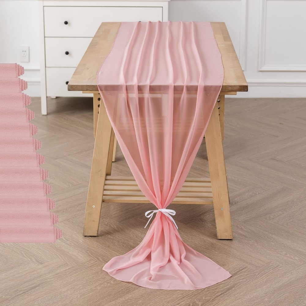 12Pack 10ft Chiffon Table Runner 29x120 Inch Sheer Romantic Table Runner for Wedding Birthday Party Bridal Shower Outdoor Decoration-Light Pink