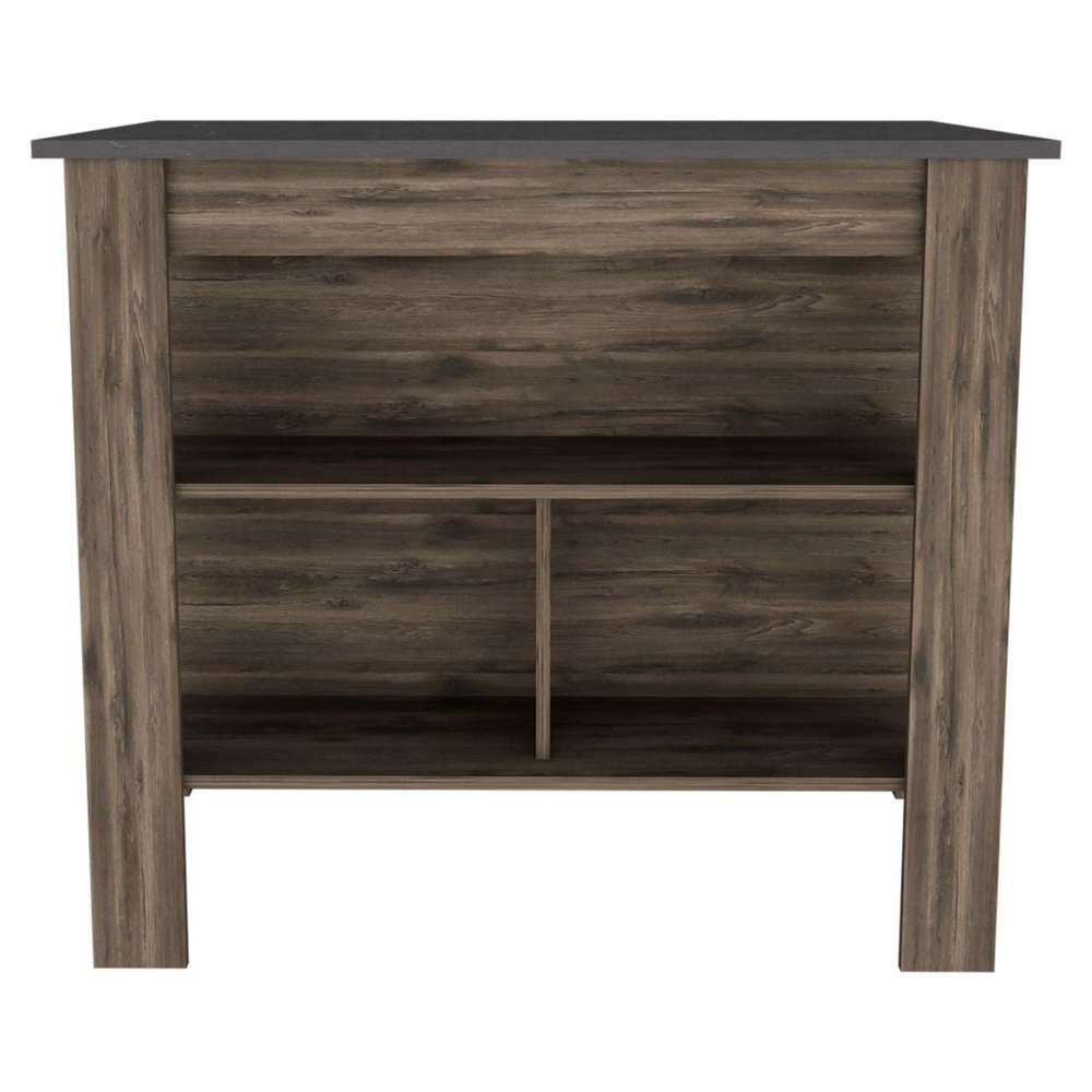 Kitchen Island, Kitchen Table 35" H, 4 Legs, 3 Open Storage Shelves, Dark Brown/Onix