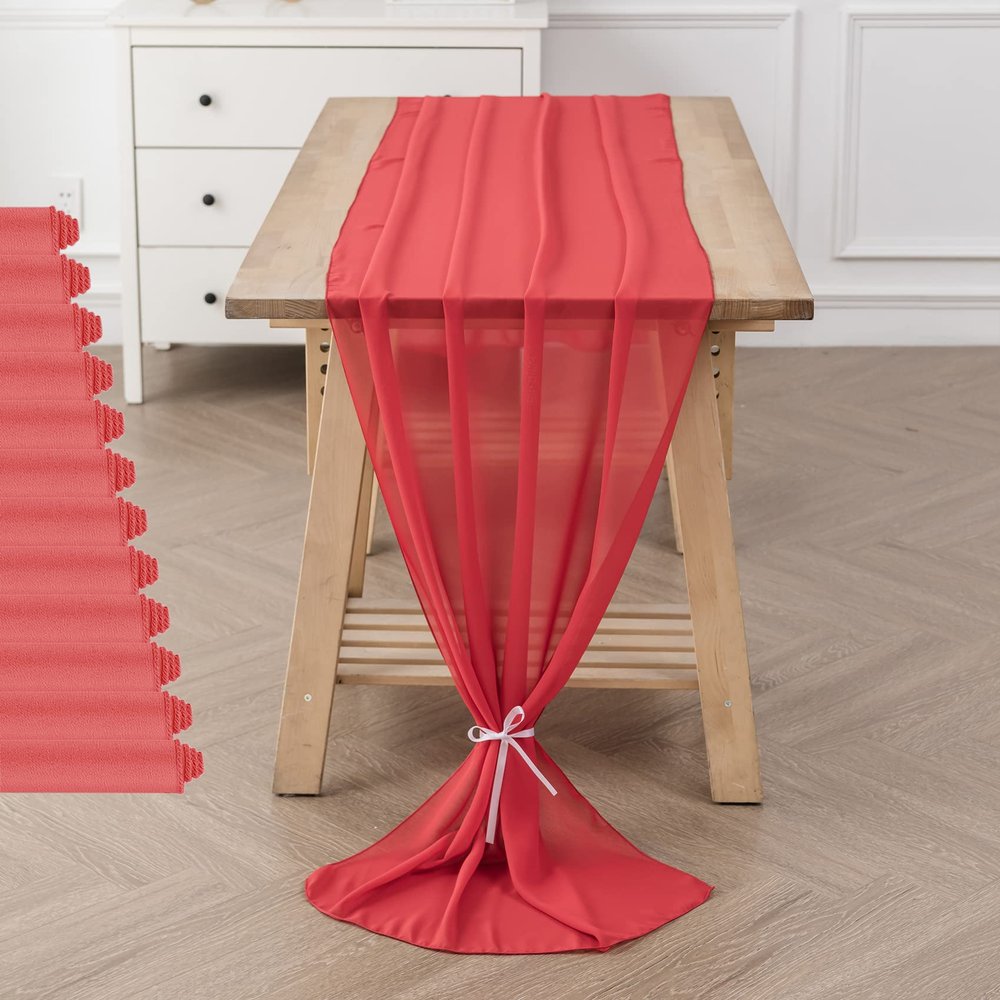12Pack 10ft Christmas Chiffon Table Runner 29x120 Inch Sheer Romantic Table Runner for Wedding Birthday Party Bridal Shower Outdoor Decoration-Red