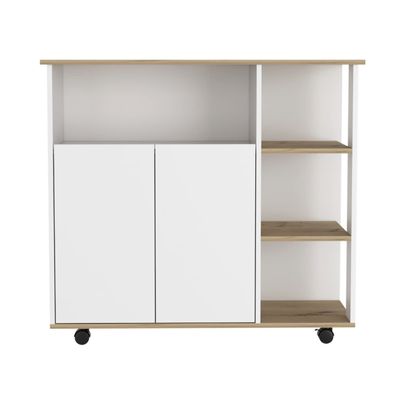 DEPOT E-SHOP Kitchen Cart 35" H, 4 Open Shelves, Double Door Cabinet, 4 Casters - Light Oak/White
