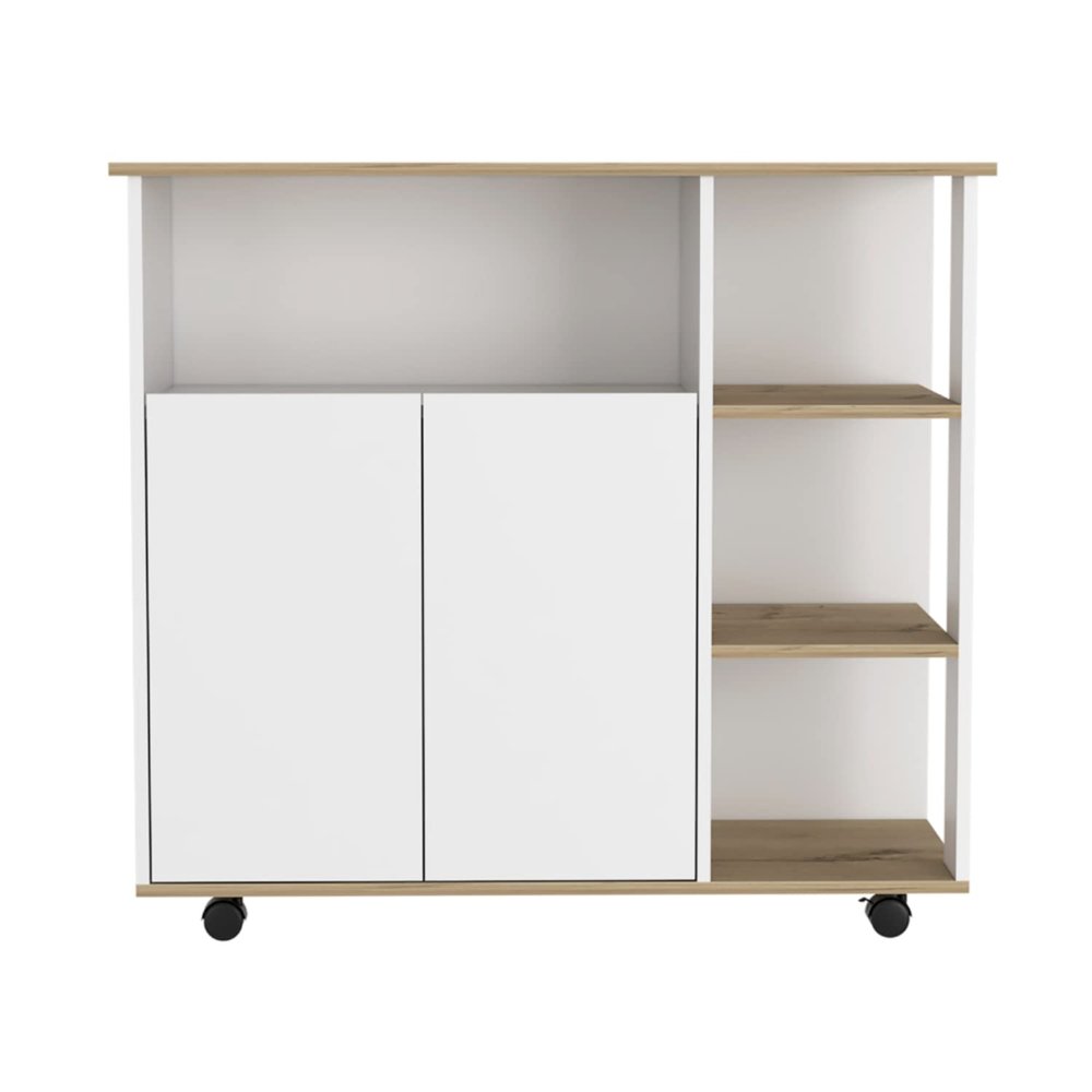 DEPOT E-SHOP Kitchen Cart 35" H, 4 Open Shelves, Double Door Cabinet, 4 Casters - Light Oak/White