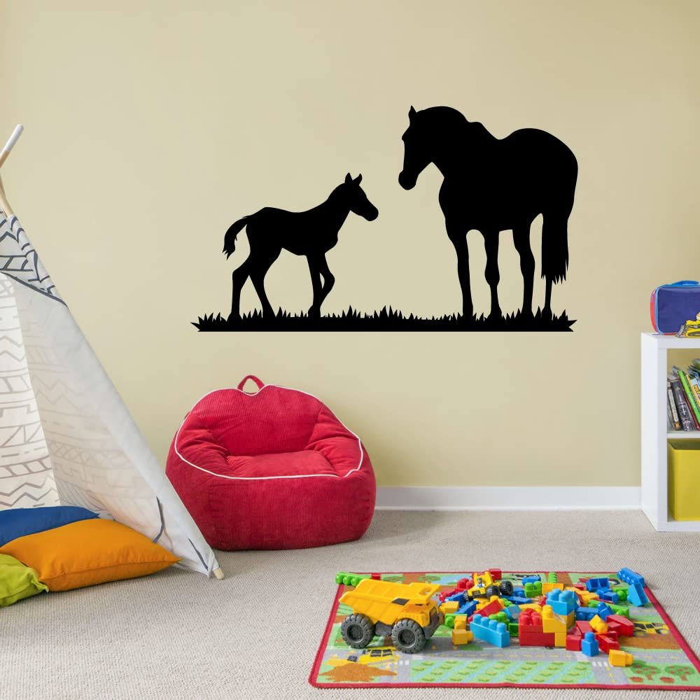 Horse Horses Stallion Mare Pony Sillhouette Cute Pony and Mare Grass Silhouette Vinyl Wall Art Wall Sticker Wall Decal Farm House Home Boys Room Dcoration Design Dcor Decal Size (22x30 inch)