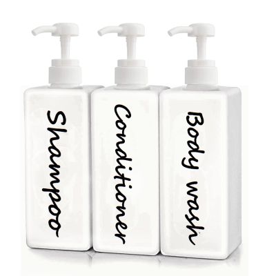 21oz Shampoo and Conditioner Dispenser (Set of 3) Modern Refillable Shampoo Pump Bottles for Shower Soap - Empty Shampoo Conditioner Body Wash Dispenser Set - Stylish Permanent Labels - for Bathroom