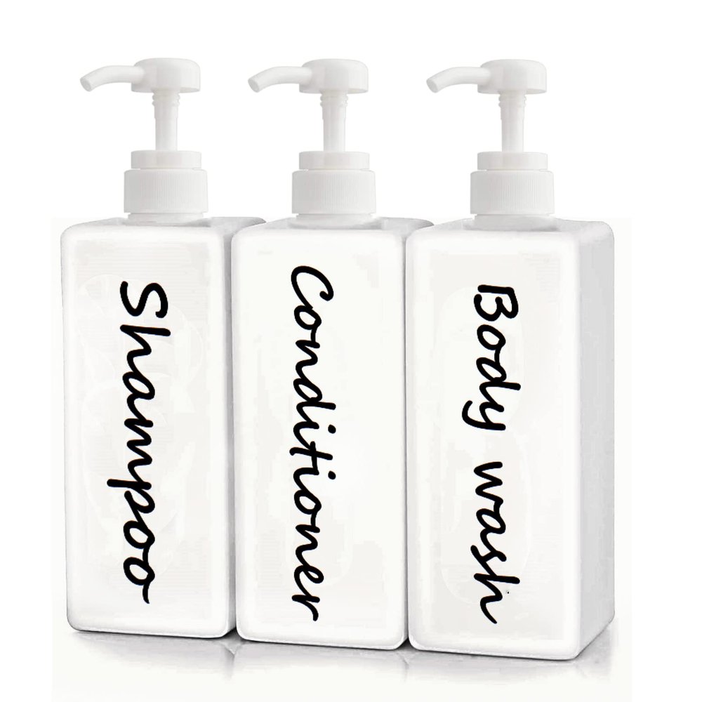 21oz Shampoo and Conditioner Dispenser (Set of 3) Modern Refillable Shampoo Pump Bottles for Shower Soap - Empty Shampoo Conditioner Body Wash Dispenser Set - Stylish Permanent Labels - for Bathroom