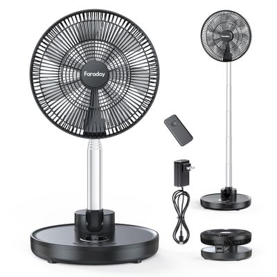 FARADAY Oscillating Standing Fan 12 Foldable Portable Quiet Floor Fan 12000mAh Rechargeable Pedestal Fan with Remote, Timer Setting, Height Adjustable Foldaway Fan for Bedroom Home Office, 6 Speed