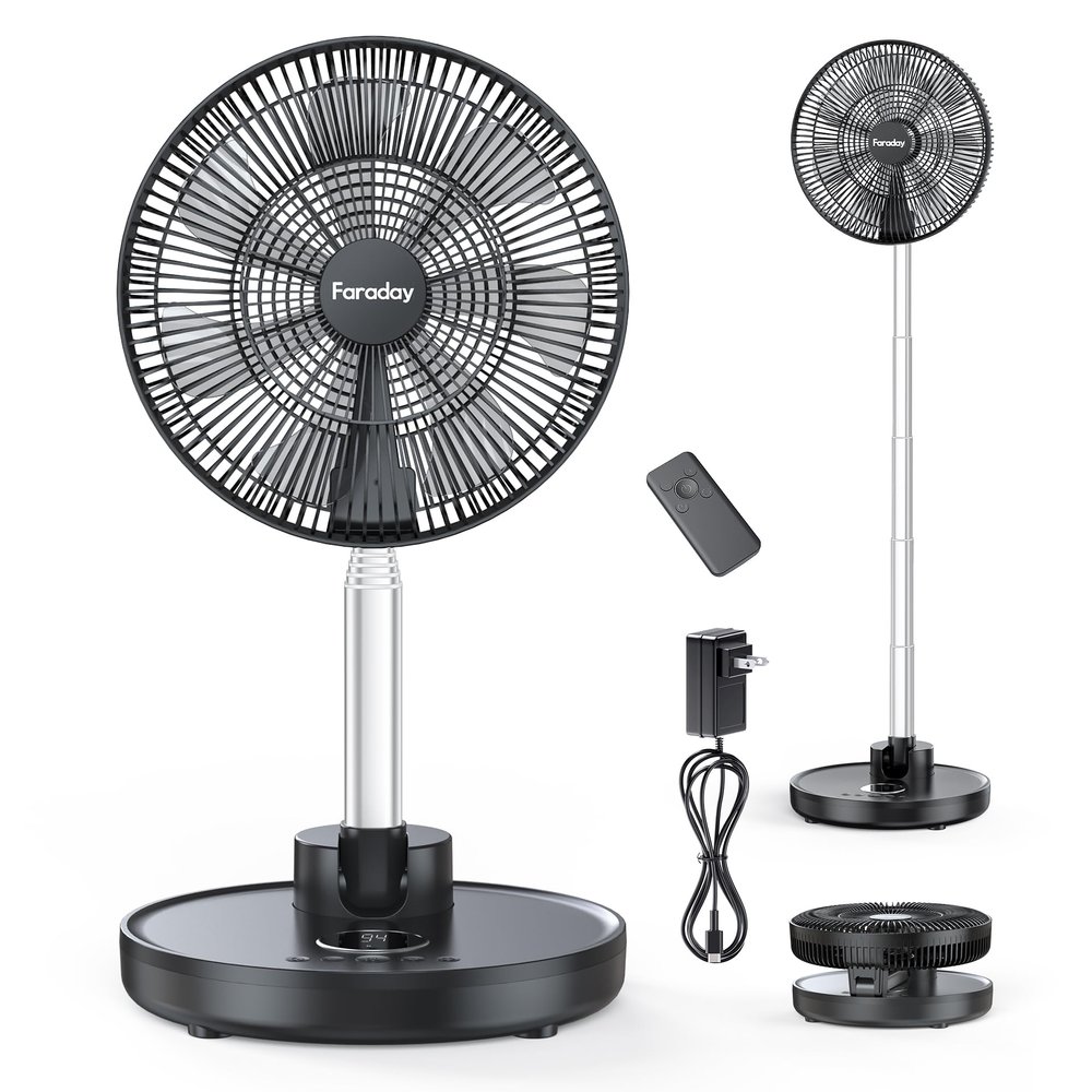 FARADAY Oscillating Standing Fan 12 Foldable Portable Quiet Floor Fan 12000mAh Rechargeable Pedestal Fan with Remote, Timer Setting, Height Adjustable Foldaway Fan for Bedroom Home Office, 6 Speed