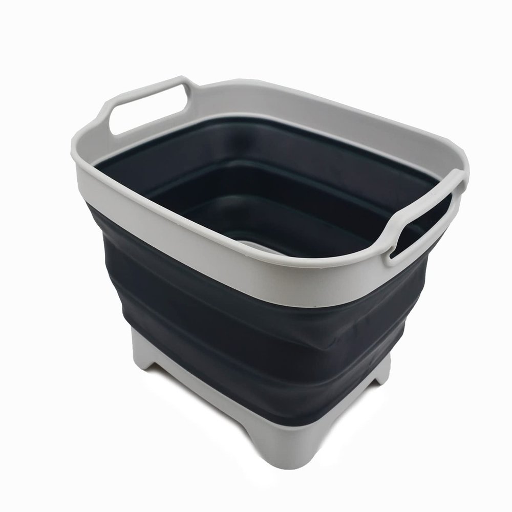 SAMMART 7.5L (2 Gallons) Collapsible Dishpan with Draining Plug - Foldable Washing Basin - Portable Dish Washing Tub - Space Saving (Grey/Slate Grey, 1)