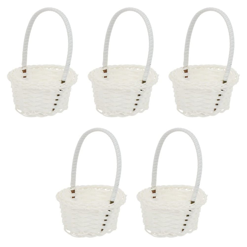 Woven Basket, 5PCS MIni Cute Basket for Weddings, 3.54in Small White Flower Petal, Flower s for Desk, Small with Handle (3.54X3.34X5.89inch)