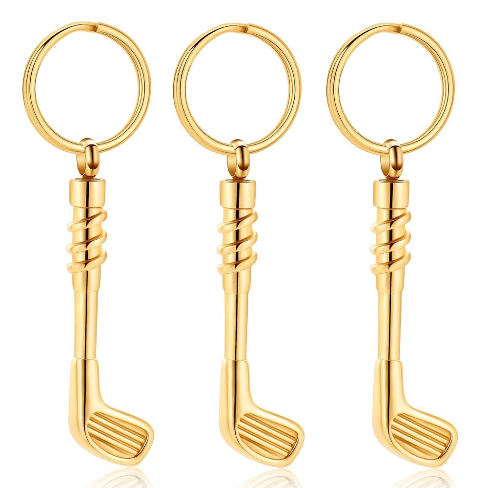 3Pcs Golf Clubs Cremation Urn Necklace for Ashes Stainless Steel Funeral Memorial Cremation Jewelry Ashes Holder Pendant Keepsake Gift(Gold Keychain)