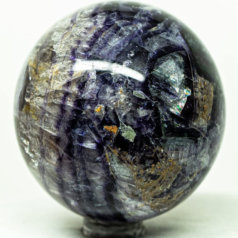 55mm 280g Deep Purple Fluorite w/Inclusions Sphere Polished Natural Rainbow Sparkling Gemstone Crystal Mineral Ball - China + Stand
