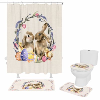 YESOF66 4PCS Bathroom Mat Sets,Easter Rabbits Floral Retro Texture Bathroom Decor Shower Curtain Rugs Bath Mat Non-Slip Toilet Seat Cover Bathroom Mat 66x72in&Large Rugs