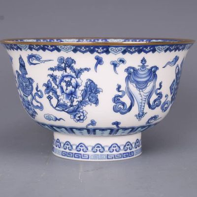 12.2cm Qing Qianlong Blue White Bowl Porcelain Eight Treasures Pattern Bowl Antique Decor