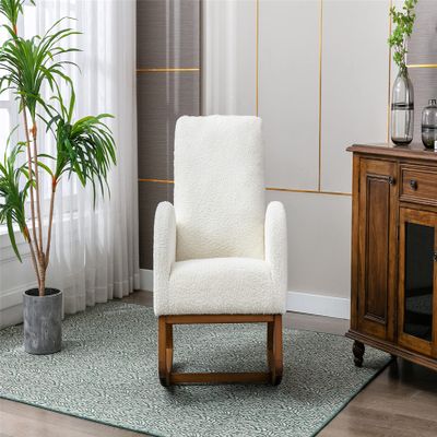 Accent Rocking Chair with Solid Wood Frame, Mid-Century Rocking Armchair with Side Pocket for Kinds, Adults for Living Room, Nursery, Playroom, Bedroom, Apartment (White)
